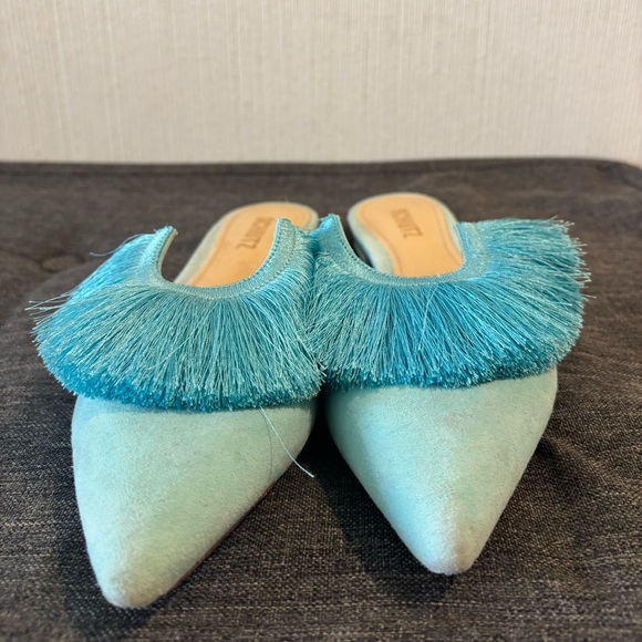 Schutz Brenle Turquoise Blue Suede Fringe Slip On Pointed Toe Flat Mules Size 9 - Picture 2 of 4